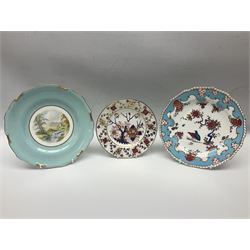 19th century Royal Crown Derby in cherry tree pattern, twin handled sauce dish and saucer and twin handled dish, together with three Royal Crown Derby plates, including one signed WEJ Dean