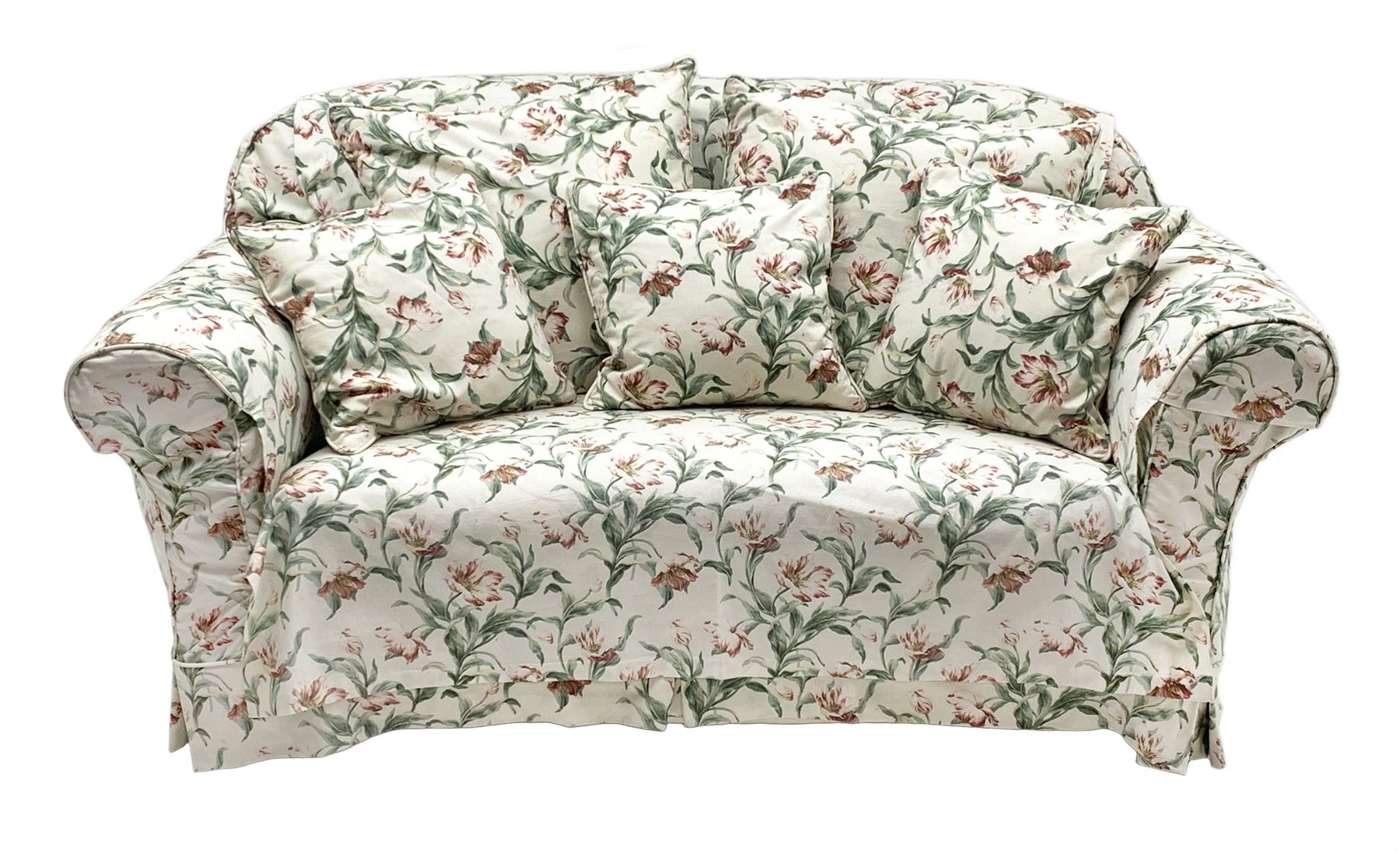 Early 20th century two seat settee with drop arm, upholstered in Sanderson 'Absalon Minor' fabric, loose covers and cushions, white ground with overall floral design
