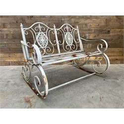Wrought metal rocking garden bench seat, in antique grey finish