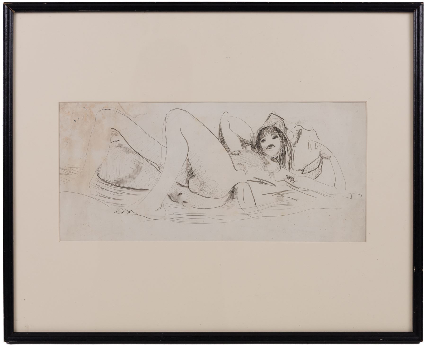 Attrib. Nina Hamnett (Welsh 1890-1956): Reclining Nude, ink on paper 17.5cm x 39cm; Rupert Lee (British 1887-1959): Bird Study, pencil on paper signed, unglazed. The Court Gallery label verso 12cm x 20cm (2)