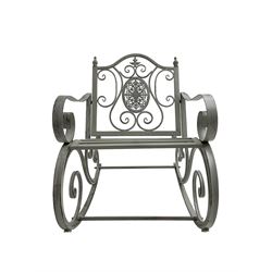 Regency design wrought metal rocking garden bench armchair, pierced back with scroll design and central foliate medallion over strap seat, with C-scroll arms and supports, in antique grey finish