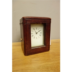  20th century brass and bevel glazed carriage clock, single train movement with platform escapement, with hinged leather case, H12cm (clock)  