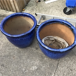 Pair large blue glazed terracotta pots, H49cm