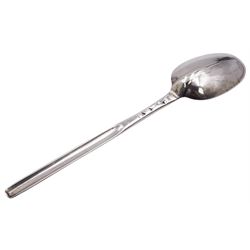 Silver marrow scoop spoon, probably George I, of typical form, with rat tail bowl, bottom struck, hallmarks worn, probably London 1723, L21.5cm, approximate weight 1.70 ozt (52.8 grams)