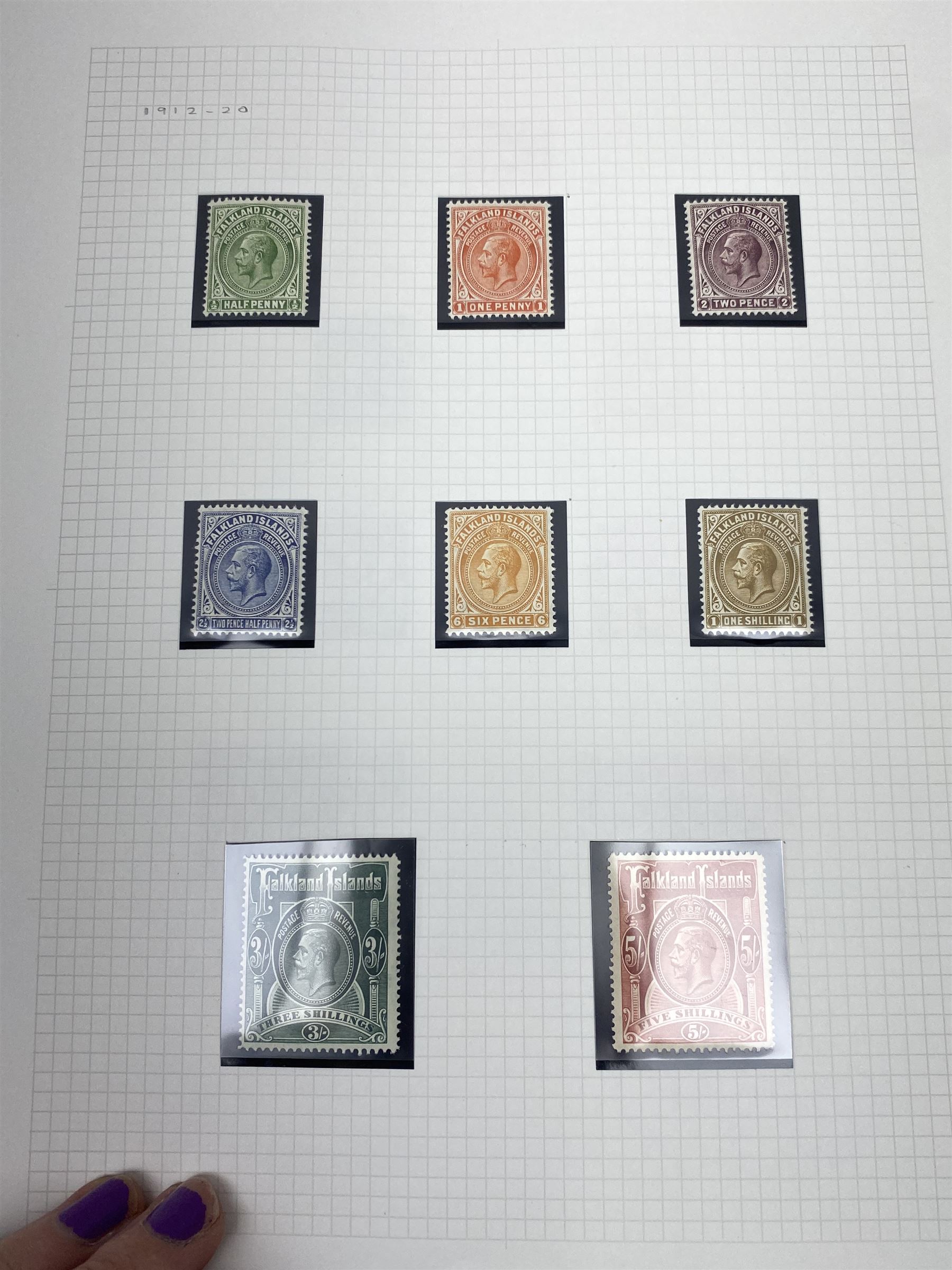 Falkland Islands, King Edward VII and later stamps, including 1904-12 values to one shilling unused, King George V 1912-20 values to five shillings unused etc, housed on pages