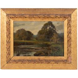 Sidney Valentine Gardner (Staithes Group 1869-1957): 'In the Valley of the Lathkill - Peak of Derbyshire' and Lakeside Landscape, two oils on canvas board signed, one titled verso 24cm x 34cm 