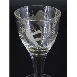 18th century drinking glass of possible Jacobite interest, the rounded bowl engraved with thistle and bird in flight, upon a plain stem and conical foot, H12cm
