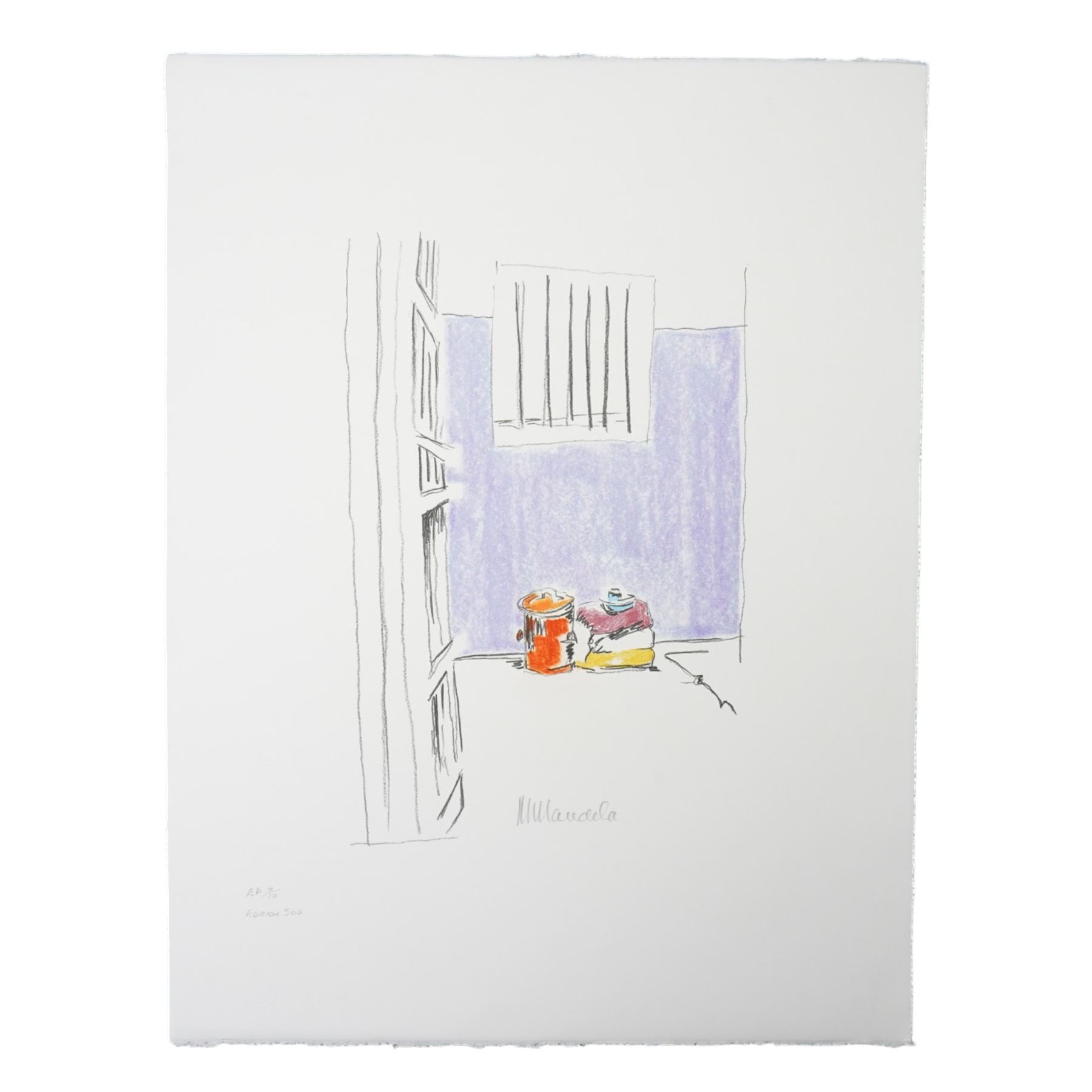 Nelson Rolihlahla Mandela (South African 1918-2013): 'My Robben Island' - ' 'The Church' 'The Lighthouse' 'The Cell' 'The Window' 'The Harbour' 'Motivation', set of six lithographs in colours signed and numbered EP 5/10 edition 500 in pencil with blindstamp, pub. by the Belgravia Gallery, 2002,  66cm x 50cm, together with original box (6) (unframed)