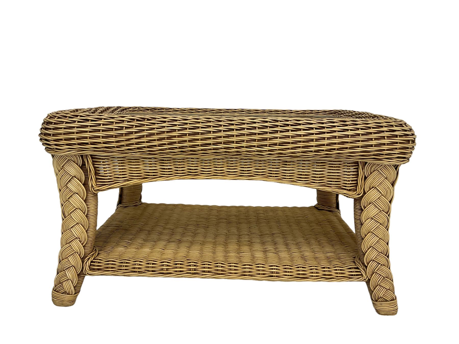 Four piece cane conservatory suite - two seat sofa (W130cm), pair of armchairs (W85cm), and coffee table (85cm x 60cm)