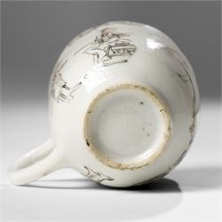 Chinese Yongzheng period coffee cups and saucer, painted in grisaille with figures in traditional landscapes and heightened in gilt (3)