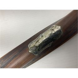 Twisted hardwood walking stick, mounted with silver cap and cartouche engraved James Booth, H88cm