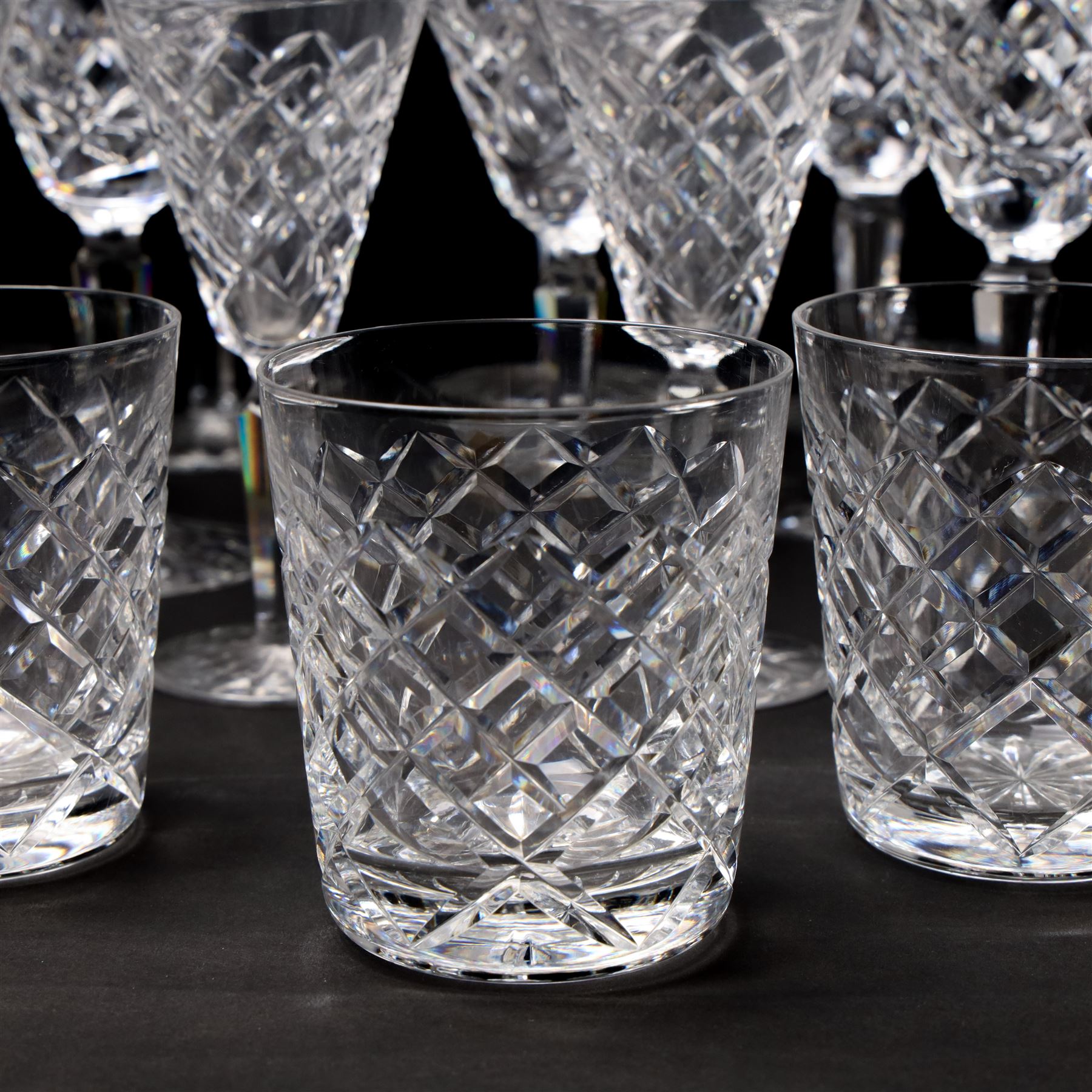 Set of Waterford Tyrone pattern table glass comprising six Hock glasses, six claret glasses, six tumblers and seven sherry glasses