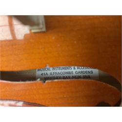 Stentor Student violin with 36cm two-piece back and spruce top, bears label 'The Stentor Student II No.1117807' L59cm; and another similar student's violin by Palatino (2)