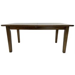 Contemporary elm extending dining table, pull-out extending action rectangular top with additional leaf, on square tapering supports