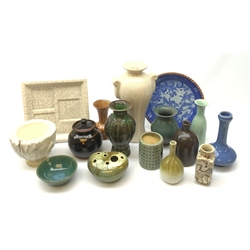 A collection of assorted Studio pottery and some Oriental ceramics, to include a number of crackle glaze vases, the largest example of baluster form with twin scroll handles, H30cm. 