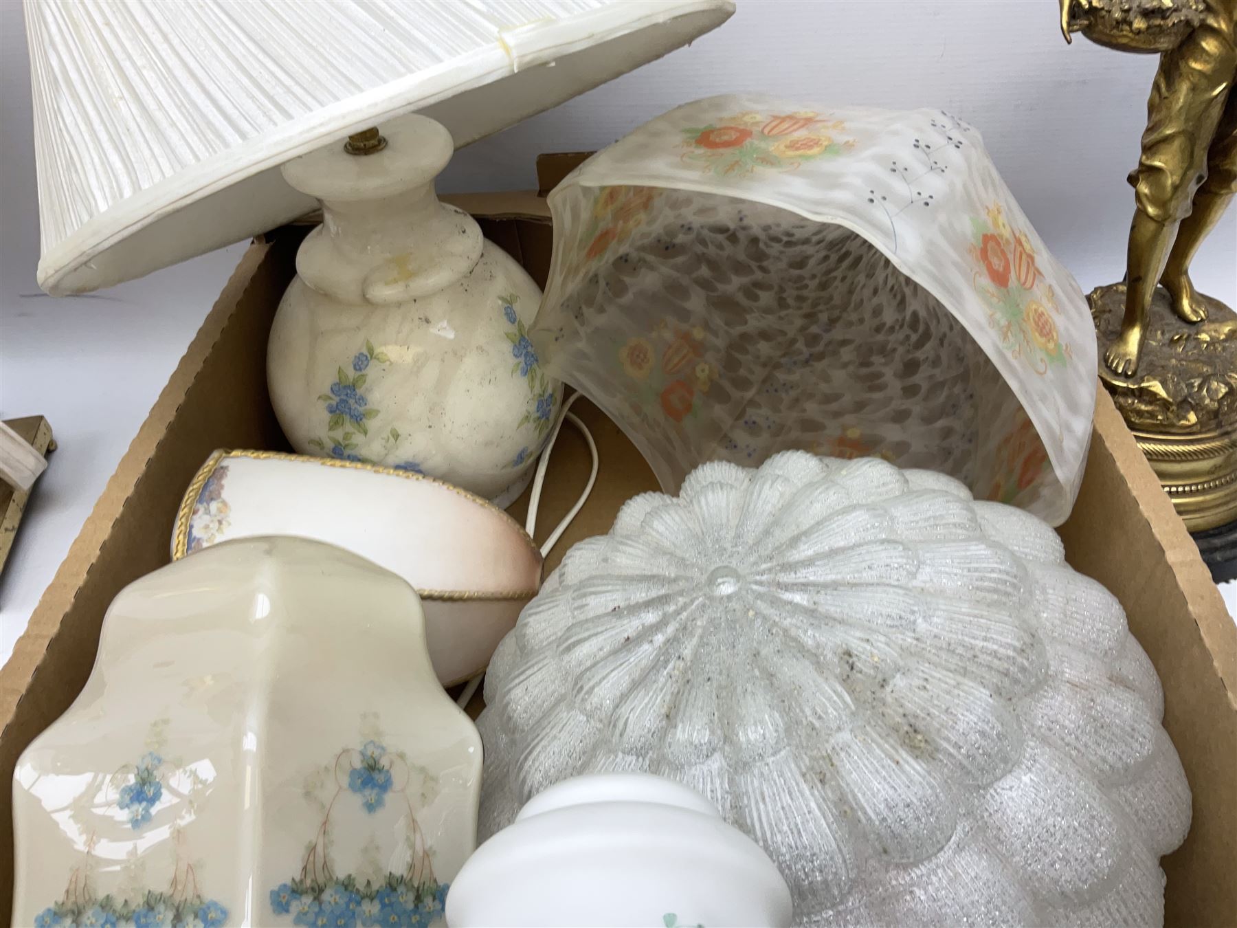 Brassed lamp modelled as a male with basket and fruit after Rancoulet, Tiffany style table lamp, brass table lamp, glass shades etc