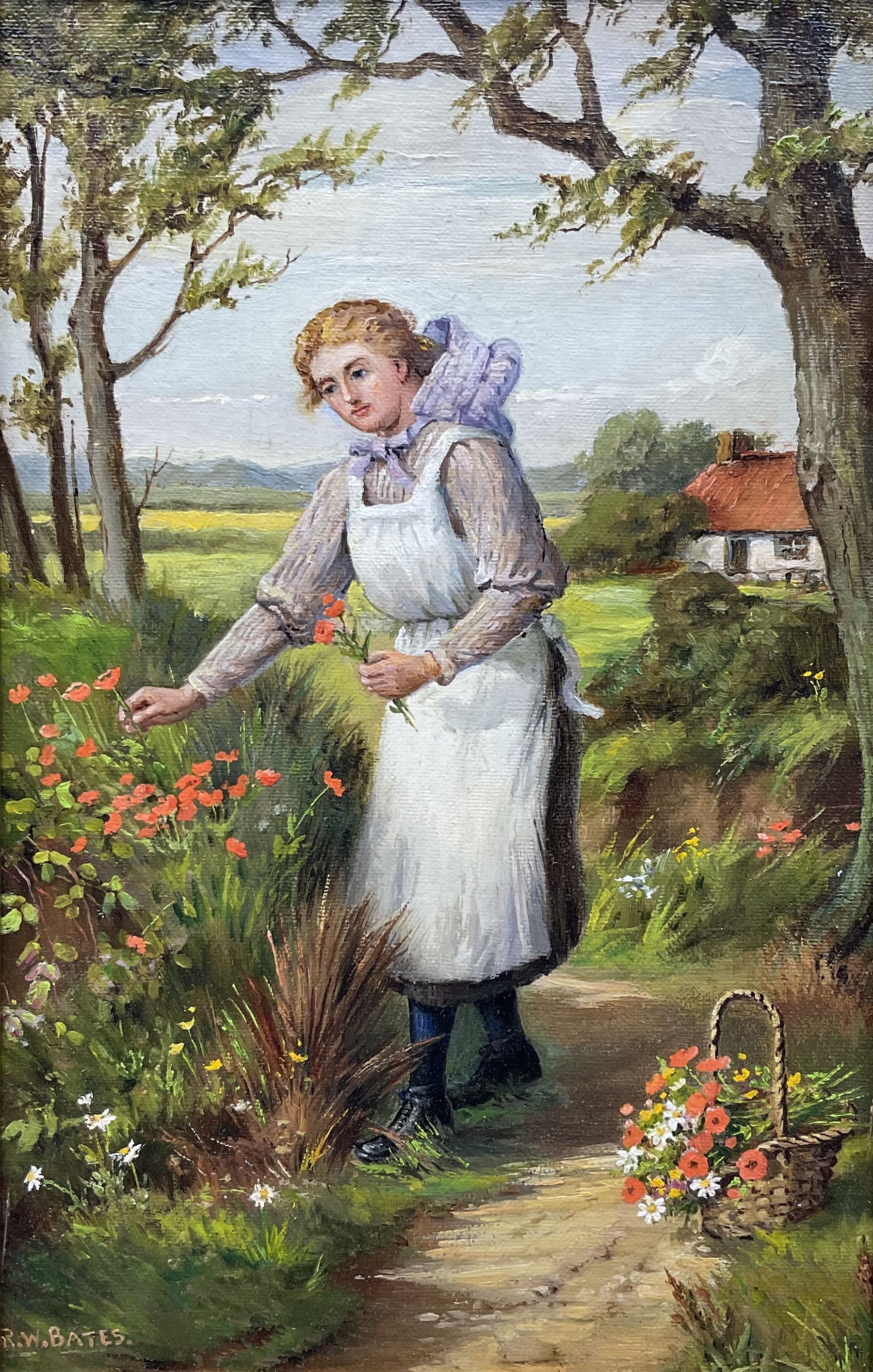 Robert William Bates (British 19th/20th Century): Young Woman Picking Flowers, oil on board signed 32cm x 20cm