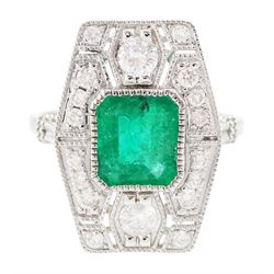 Platinum emerald and diamond dress ring, milgrain set with a single octagonal cut emerald ...