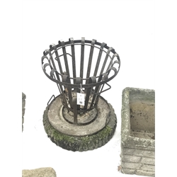  Pair square composite stone brick effect planters (36cm x 36cm, H30cm), a composite stone trough and a wrought metal fire basket on circular composite stone base  