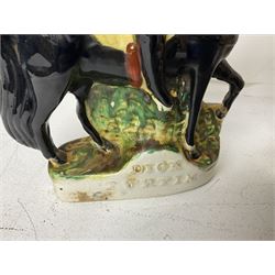 Staffordshire figure of the Duke of Wellington on a bay horse, H30cm in red uniform, together with a similar Staffordshire figure of Dick Turpin, pair of Staffordshire style dogs, H27cm, three Meissen style double salts and two trinket boxes 