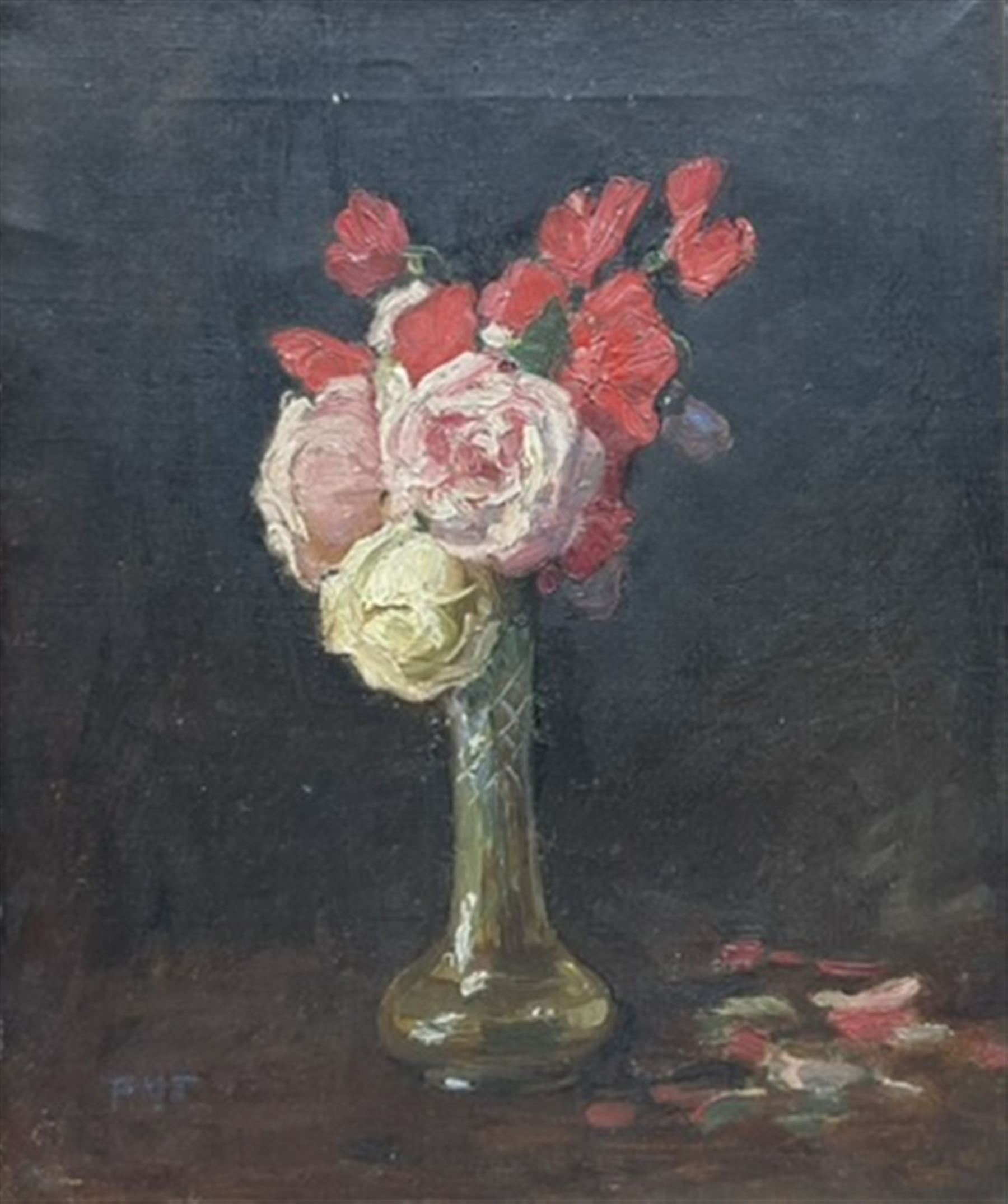 Percy Morton Teasdale (Staithes Group 1870-1961): Still Life of Roses, oil on canvas signed with initials 30cm x 25cm