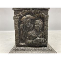 19th century lead tobacco box, the body of square form decorated with panels of courting couples in relief supporting stepped tapering lid with figural male head finial, H18.5cm