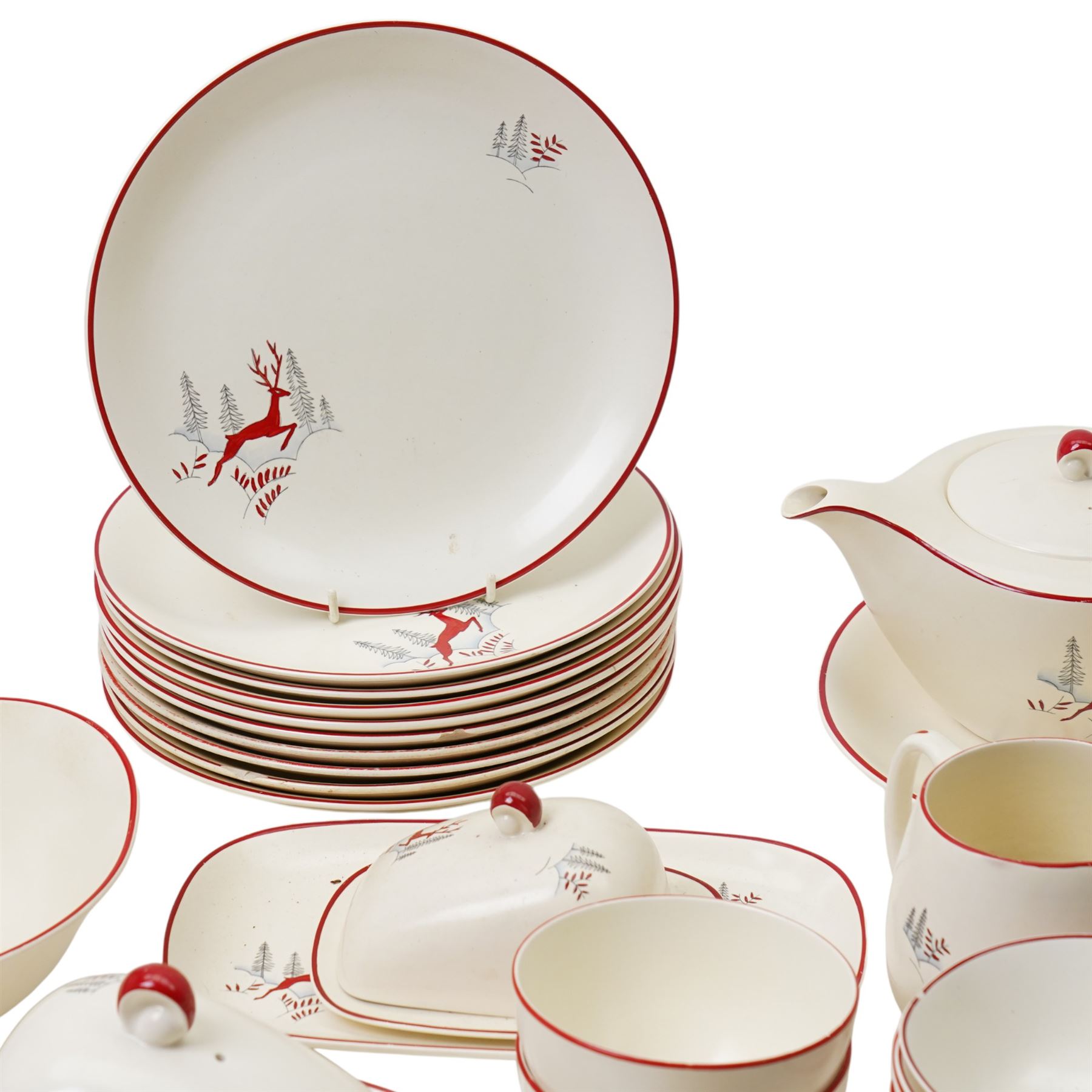 Various Crown Devon Fieldings Stockholm Deer pattern 1950s tea and dinner wares, popularised by Nigella Lawson, comprising a 40 plates of graduating sizes, 18 saucers, 15 bowls, two teapots, large serving bowl, egg cups, milk jugs, sucrier, 10 teacups and two larger mugs, etc