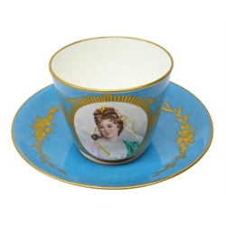  19th century Sevres cup and saucer painted with a portrait of Empress Marie-Louise on gilded celestial blue ground   