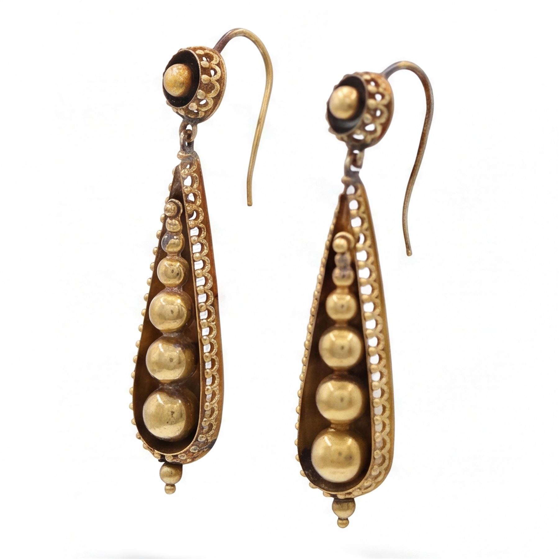 Pair of 19th century gold bead pendant earrings, each set with five graduating beads suspended within a pear shape setting
