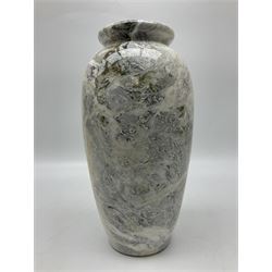 White marble vase, of baluster form, with grey, gold and green undertones, H30cm