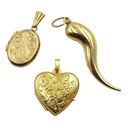 Gold heart locket pendant, oval pendant and one other, all hallmarked 9ct approx 5gm