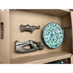 Doulton Lambeth twin handled harvest cup, together with two stone carved figures, glassware etc 