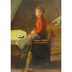  English School (Early 20th Century): Study of a Schoolboy with a Cricket Bat and Young Man's portrait verso, oils on panel unsigned 47cm x 33cm   