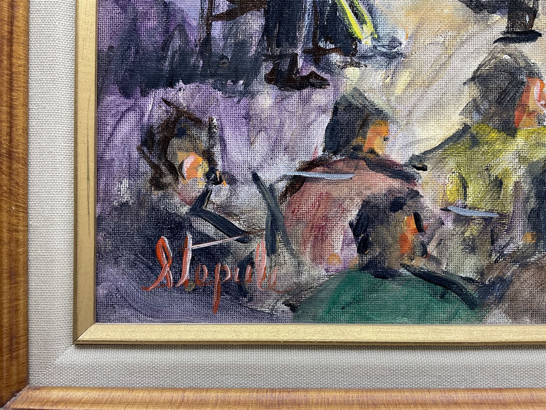 Charles T Stepule (American 1911-2006): 'Preservation Hall' Jazz Band New Orleans, acrylic on canvas laid onto board signed, titled and dated 1992 verso 39cm x 49cm 