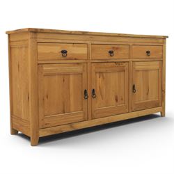 Contemporary oak sideboard, with rectangular top above three drawers and three cupboard do...