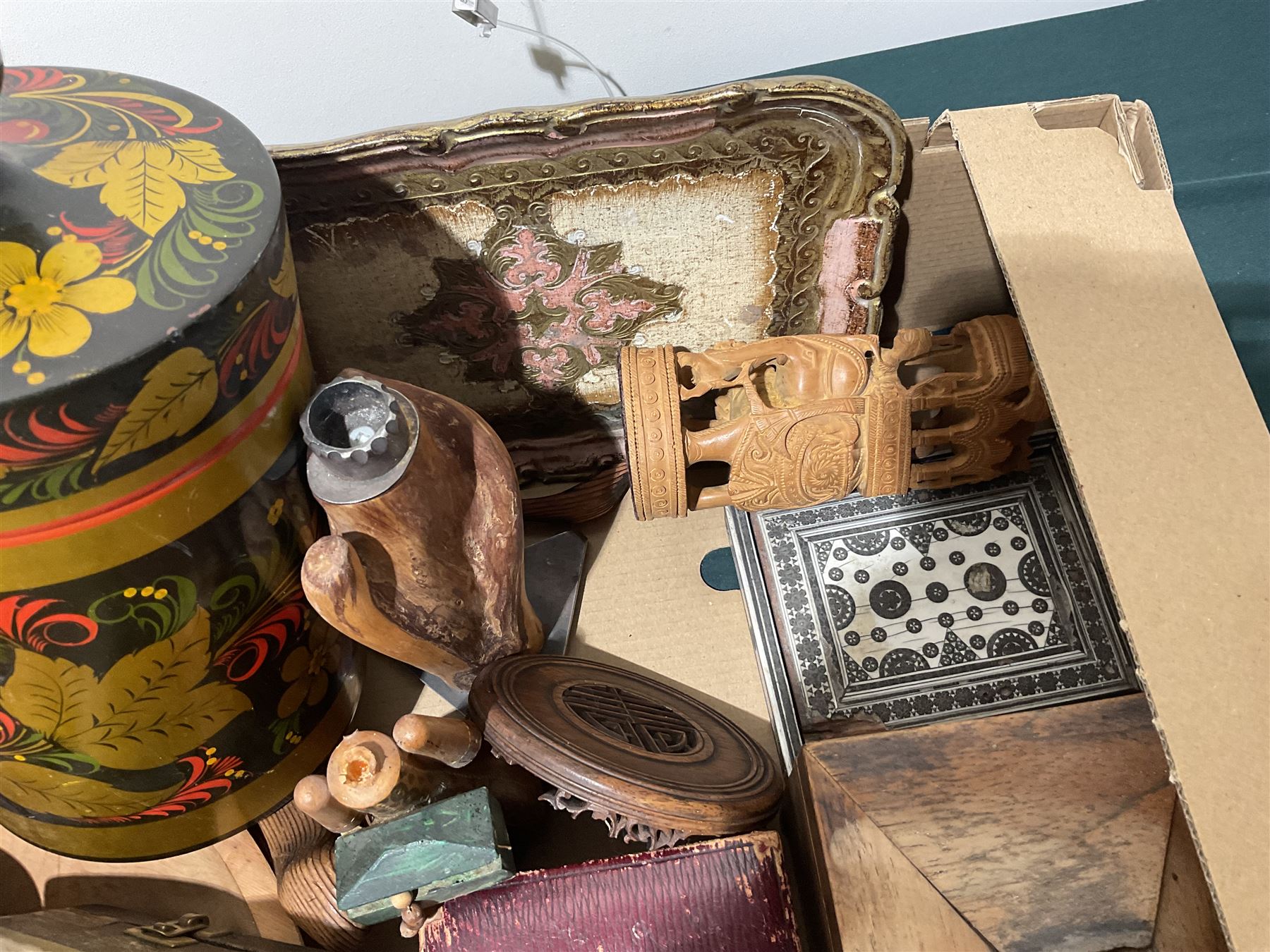 Indian bone box, leather pen tray and blotter, wooden duck, various carvings etc, in one box 