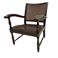 Mahogany armchair, with cane back and seat, turned arm supports, square seat raised on turned supports joined by stretcher 