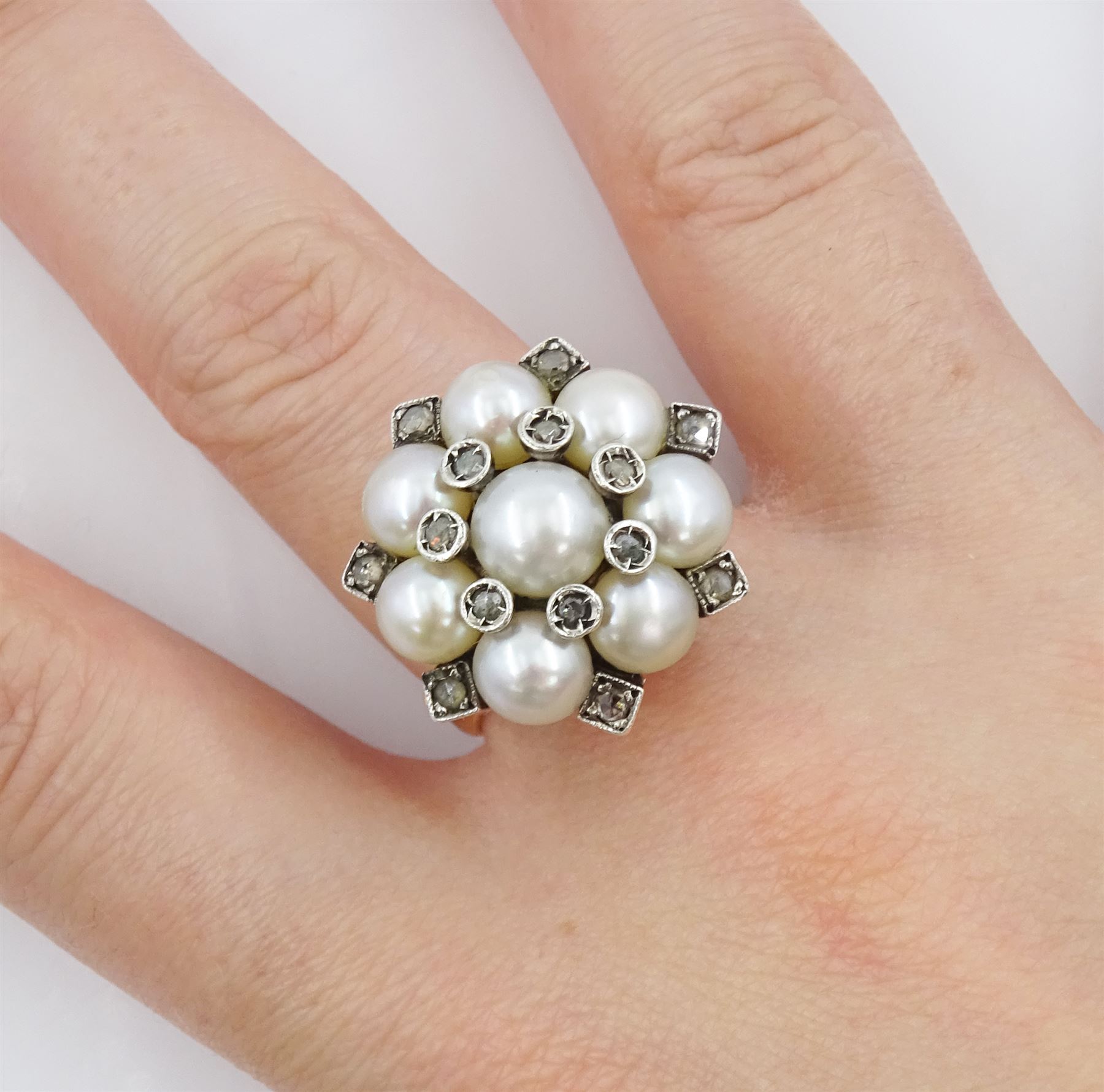 Gold and silver cultured white pearl and rose cut diamond flower head cluster ring, stamped 585