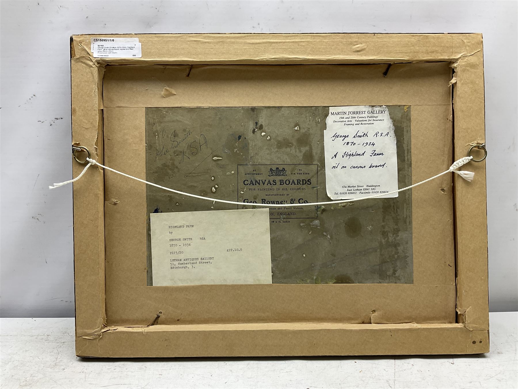 George Smith (Scottish 1870-1934): 'Highland Farm', oil on canvas board, signed and titled verso 29cm x 40cm
Provenance: with Martin Forrest Gallery Haddington East Lothian and Letham Gallery Cumberland St. Edinburgh, labels verso