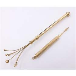  Gold engine turned toothpick, gold swizzle stick both hallmarked 9ct  