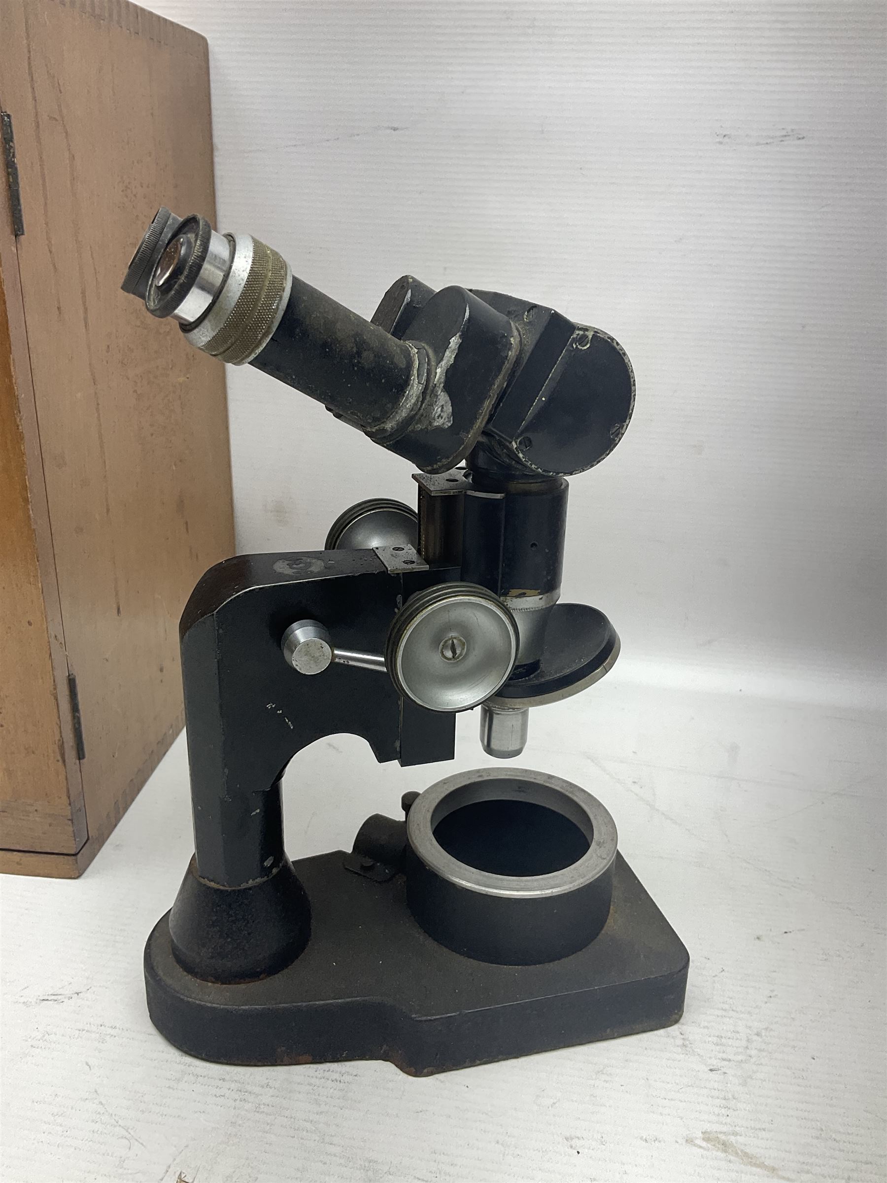 Four microscopes, including Cooke, Troughton & Simms no M467926, W Watson & Sons no 114758, W & J George & Beck Ltd no 36649 and one other 