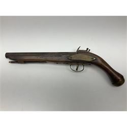 Leather covered swagger/sword stick with 40cm steel blade L62cm overall; another ash sword stick with 30cm diamond section steel blade; pair of fencing foils, the blades marked Solingen; two reproduction flintlock pistols; and 92cm inert cartridge belt (7)