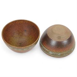 David Lloyd Jones (1928-1994): set of four studio pottery goblets, with foliate decoration on a mottled brown ground, together with two small stoneware bowls by the same artist, with stylised bird border on an orange brown ground, all with impressed marks beneath, goblets H15.5cm