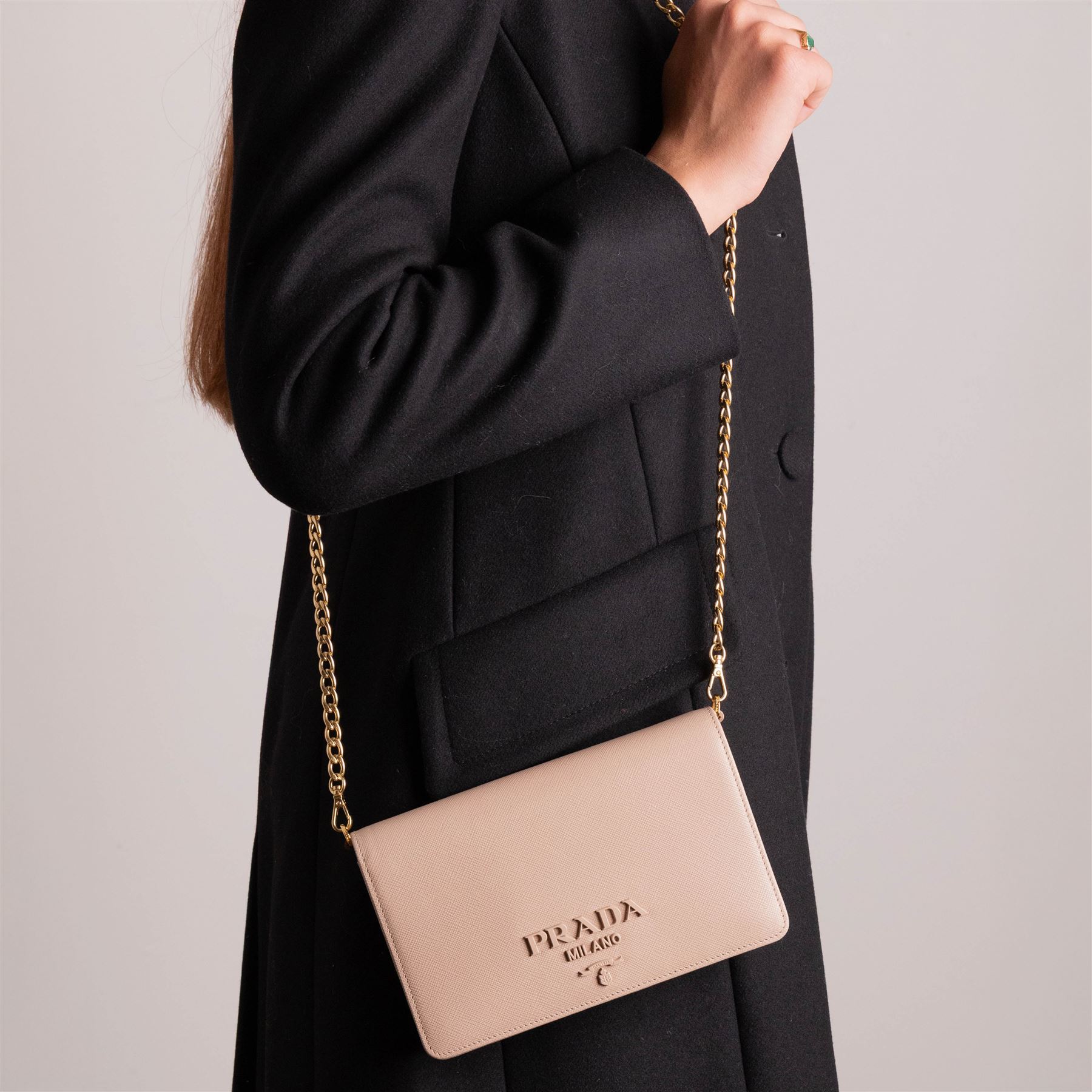 Prada - Saffiano Leather Mini Crossbody Bag, in structured nude-pink leather with detachable gold-tone chain shoulder or crossbody strap and hardware, Prada Milano raised logo, with crimson leather interior, unused with original dust bag