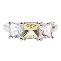 9ct white gold three stone pink, yellow and blue topaz ring, hallmarked