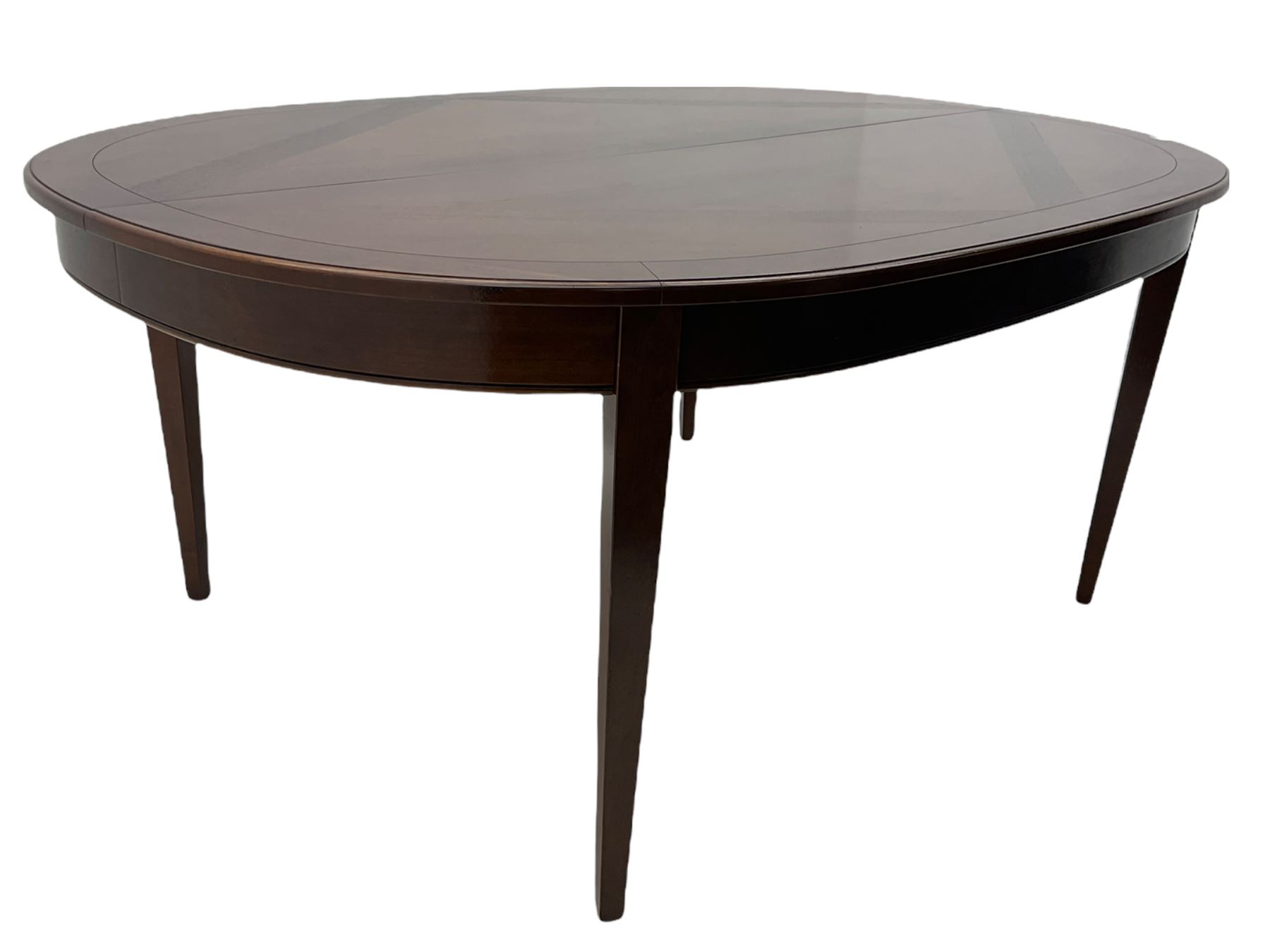 Grange Furniture - cherry wood finish oval extending dining table on square tapering supports, and a set of eight dining chairs with curved backs and upholstered seats 