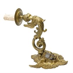 Pair of rococo style continental gilt bronze figural wall lights, modelled with winged putti figures, projection 37cm