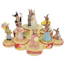 Royal Doulton Bunnykins, comprising of three complete sets;  The Arthurian Legend Set, with display plinth, Sir Gawain, Queen Guinevere, Sir Galahad, Merlin, King Arthur, Sir Galahad; Tudor set with display plinth, Henry VIII, Anne Boleyn, Jane Seymour, Catherine of Aragon, Catherine Parr, Anne Of Cleaves and Catherine Howard; The Occasions Collection: with display plinth, Christmas Morning, Wedding Day, Love Heart, Easter Treat, Birthday Girl, Congratulations, Graduation Day and Easter Parade, all with original boxes