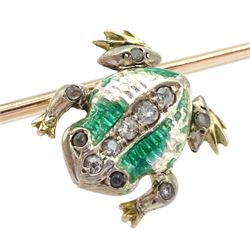 Edwardian frog and spear brooch, the gold and silver green enamel spinning frog set with old cut diamonds and stone set eyes, sat on a gold spear, with registered design number Rd 364025