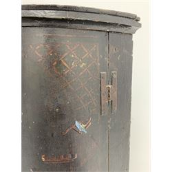 Early to mid 18th century bow front Japanned black lacquer corner cabinet, painted interior fitted with three shelves